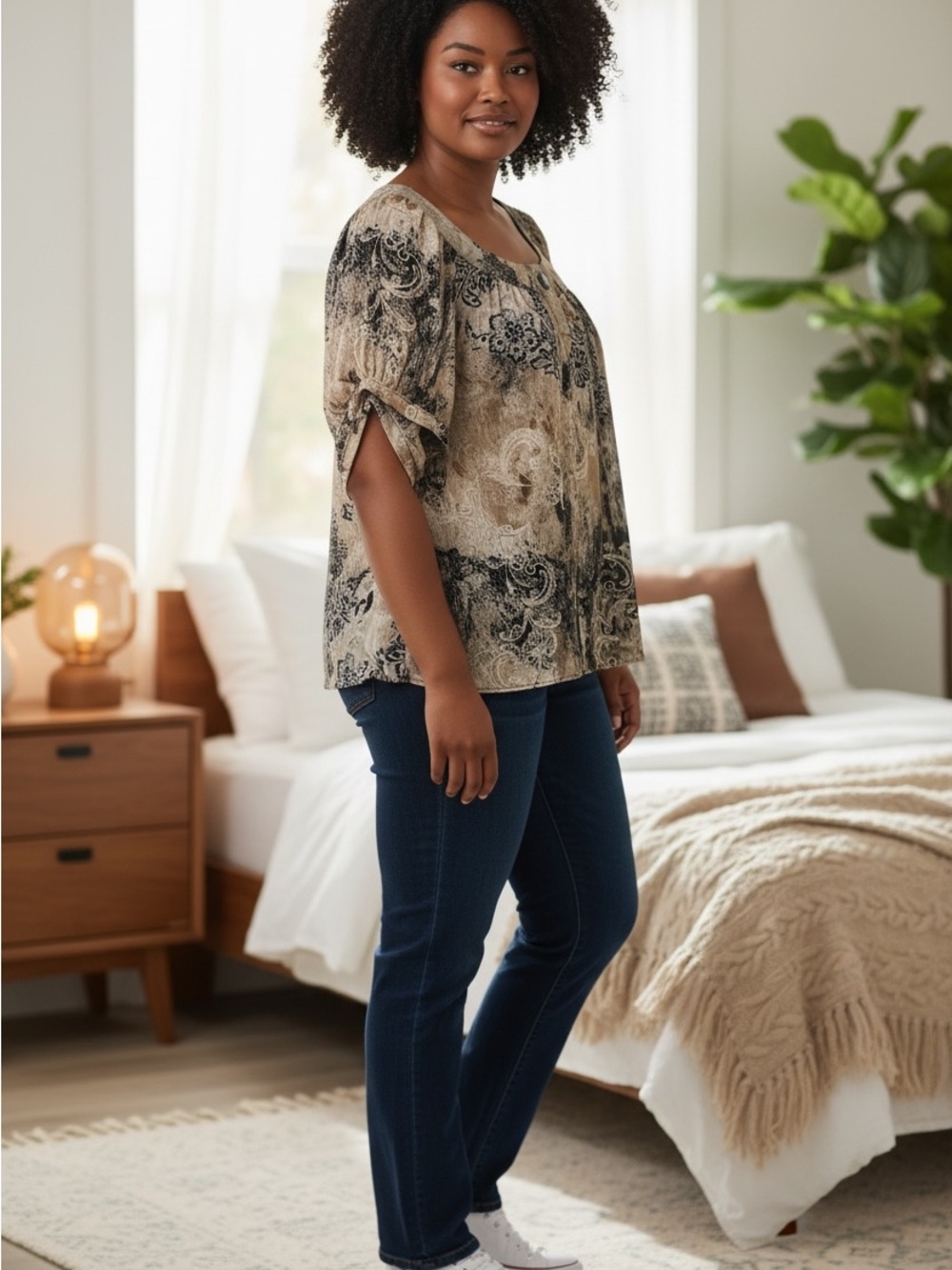 Sara Michelle Black and Beige Paisley Petite Top